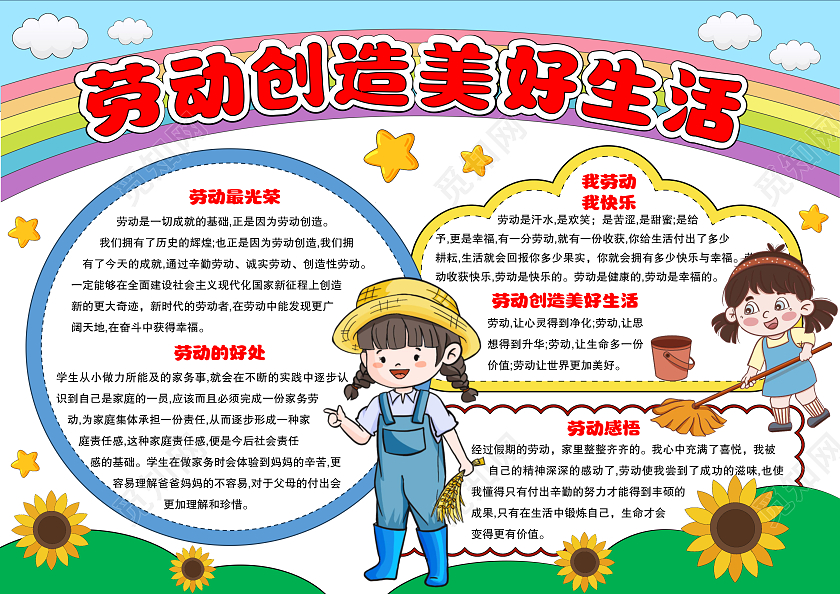 家务劳动手绘风格劳动创造美好生活小报手抄报