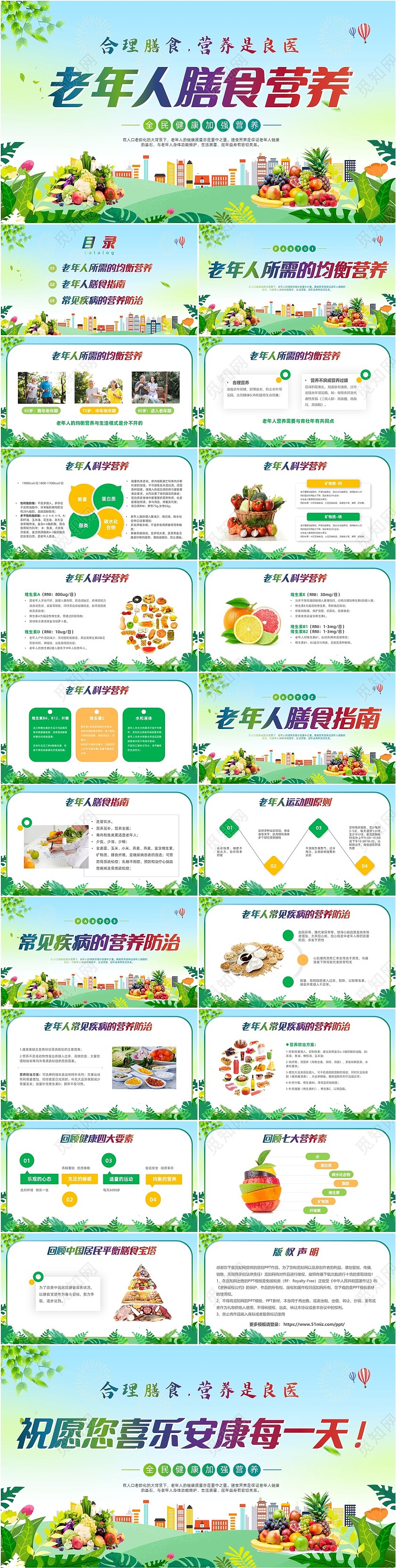 绿色简约展板风老年人健康膳食营养PPT