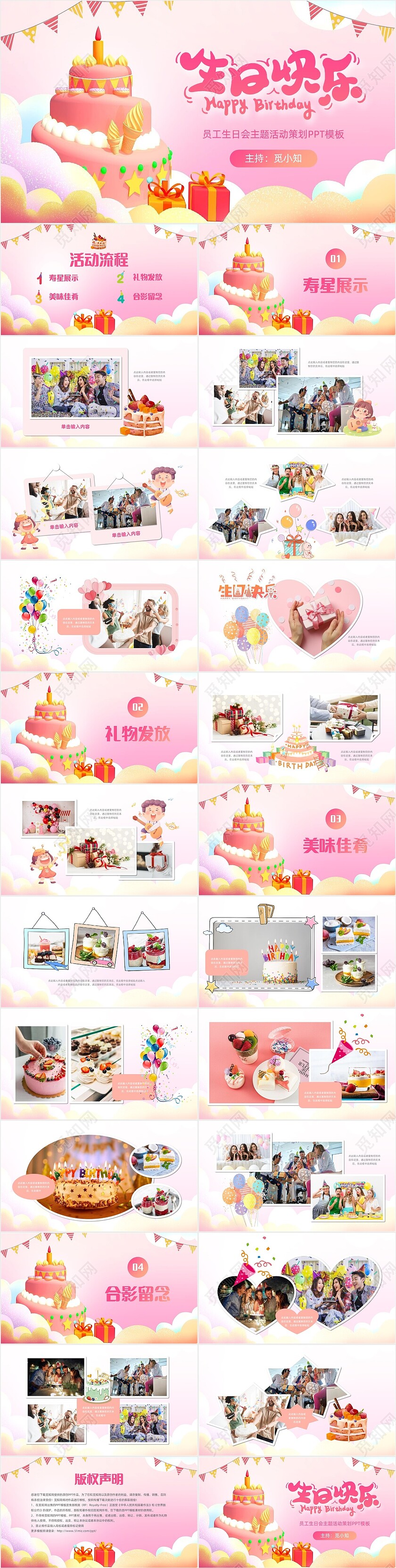 粉色蛋糕气球甜品员工生日会生日快乐PPT模板