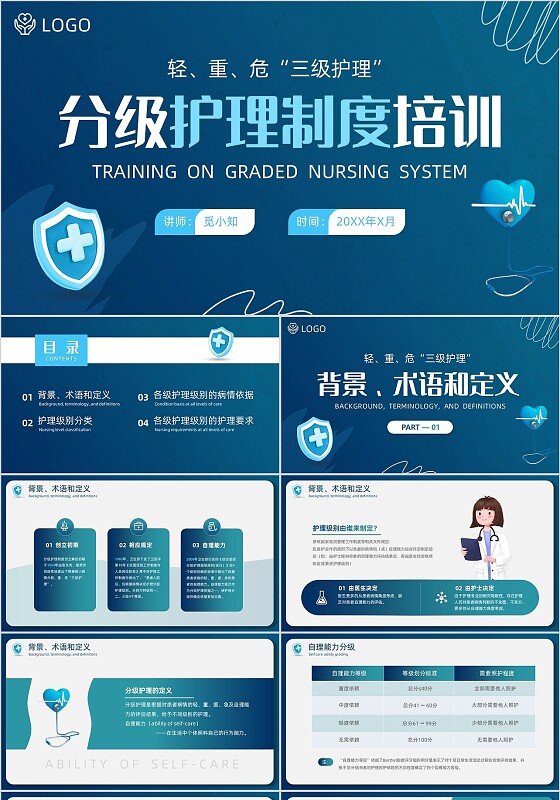 蓝色简约商务护士医务分级护理制度培训总结PPT