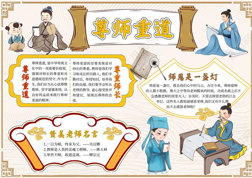 黄色手绘尊师重道小报手抄报卡通小报手抄报教师节