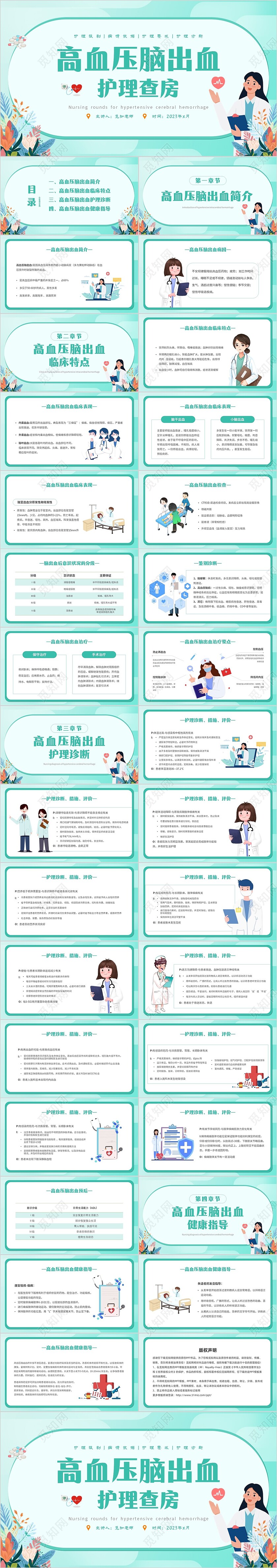 绿色简约小清新高血压脑出血护理查房主题PPT模板