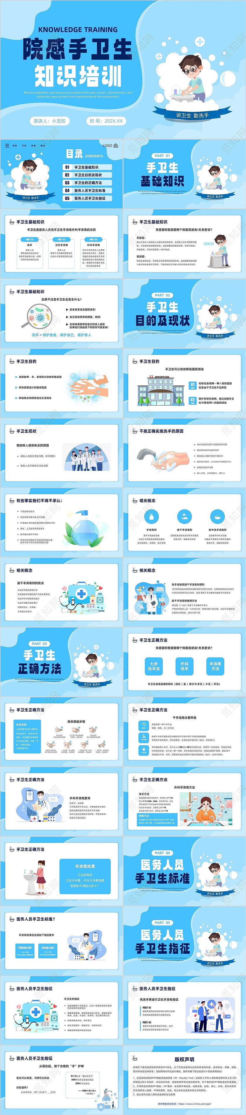 蓝色插画风院感手卫生知识培训院感手卫生PPT模板
