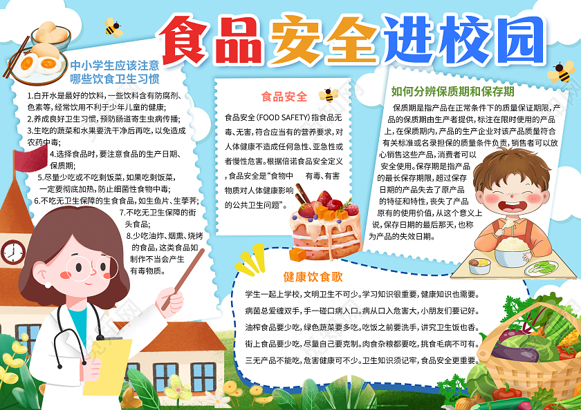 蓝色卡通可爱食品安全进校园学生安全小报手抄报