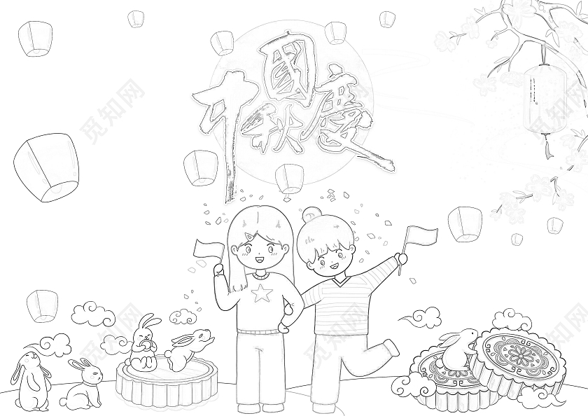 白色简约手绘风格中秋国庆小报手抄报