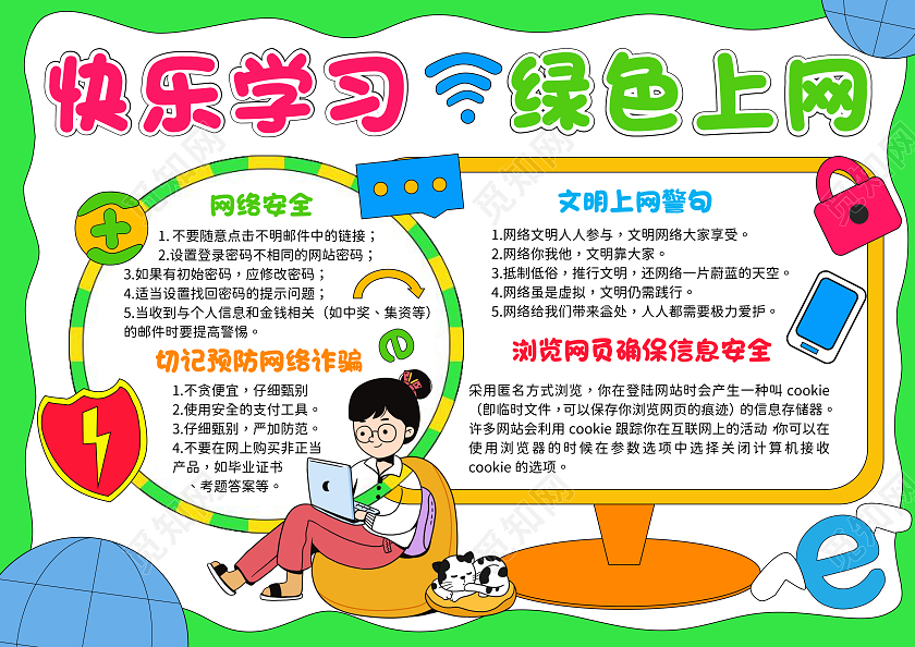 绿色手绘风快乐学习绿色上网网络安全手抄报网络安全宣传周