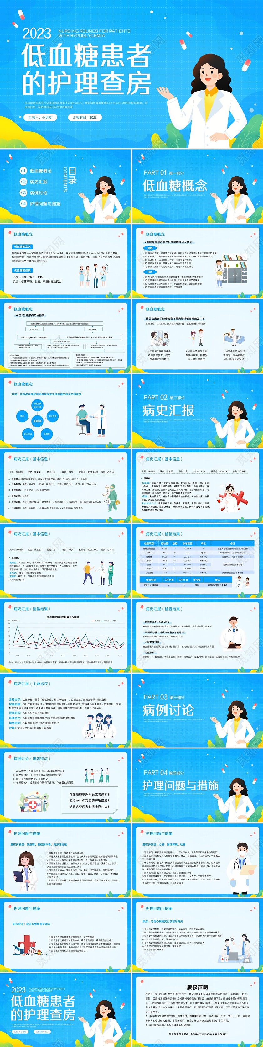 蓝色插画低血糖患者护理查房PPT模板宣传PPT动态PPT