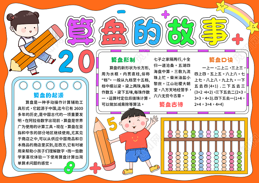 橙色手绘风算盘的故事算盘手抄报数学小报