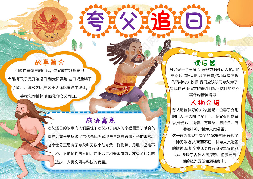 水彩插画夸父追日夸父追日小报手抄报卡通夸父追日神话故事
