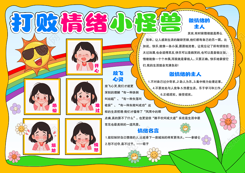 手绘风格打败情绪小卫士小报手抄报