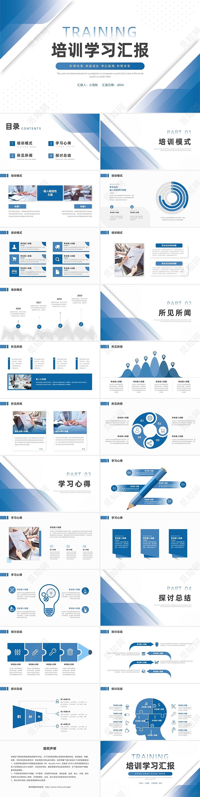 蓝色简约风培训学习汇报PPT模板学习分享