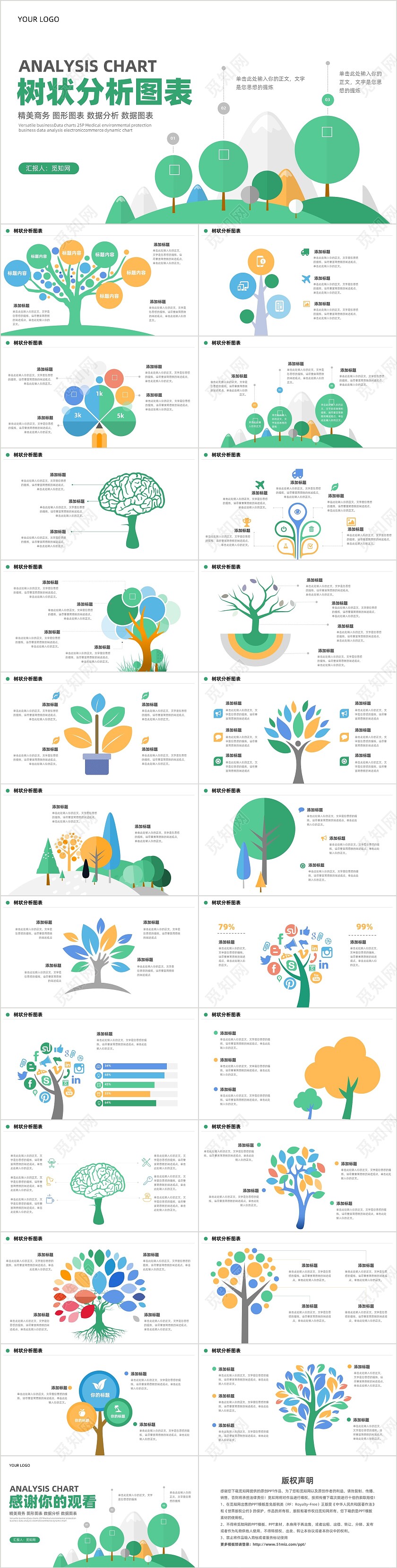 扁平简约可视化树状数据分析图表PPT