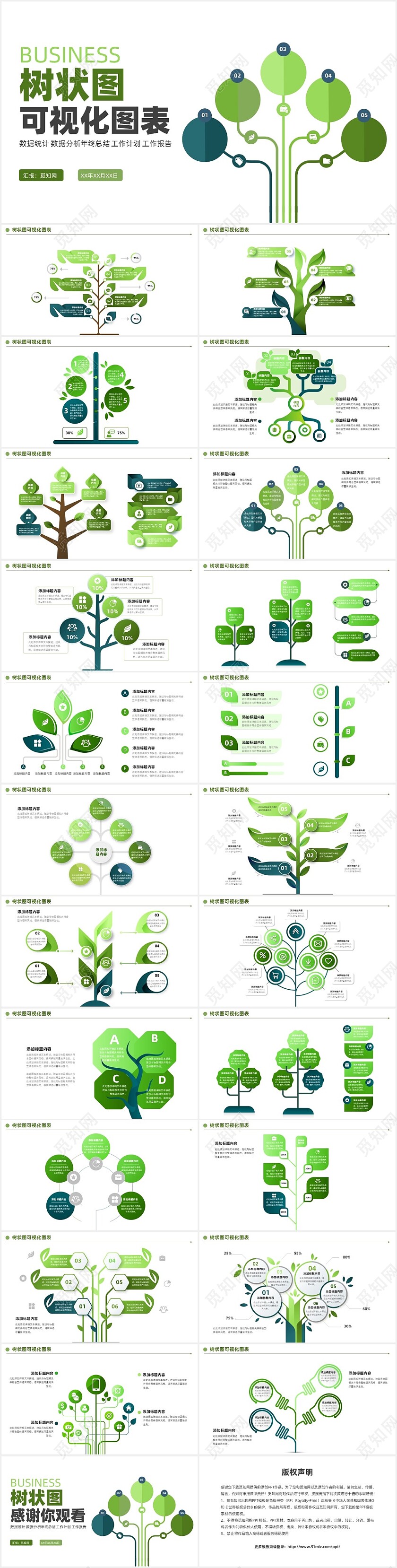 绿色商务通用树状可视分析图表PPT模板