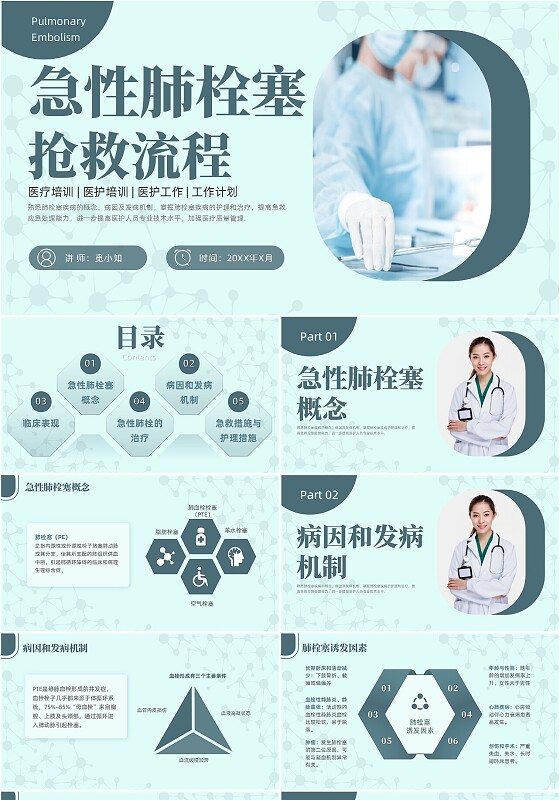 绿色简约商务高级急性肺栓塞抢救流程医护培训PPT