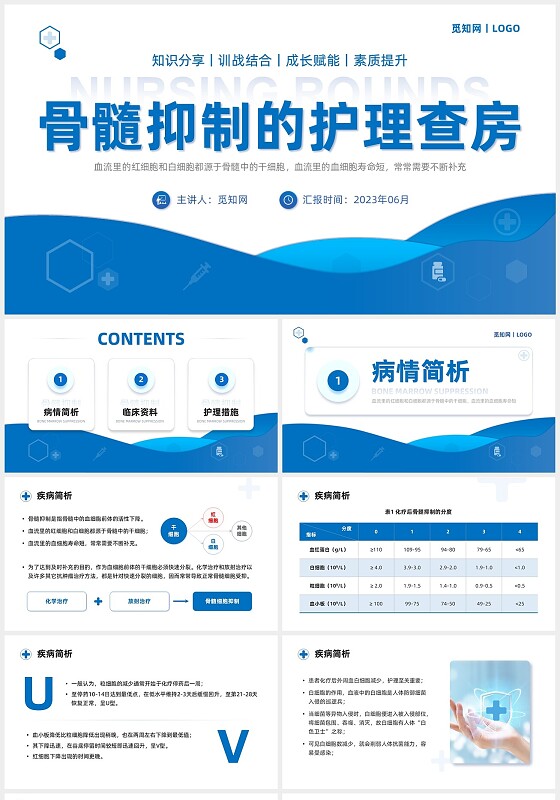 蓝色商务简约骨髓抑制的护理查房培训课件模板