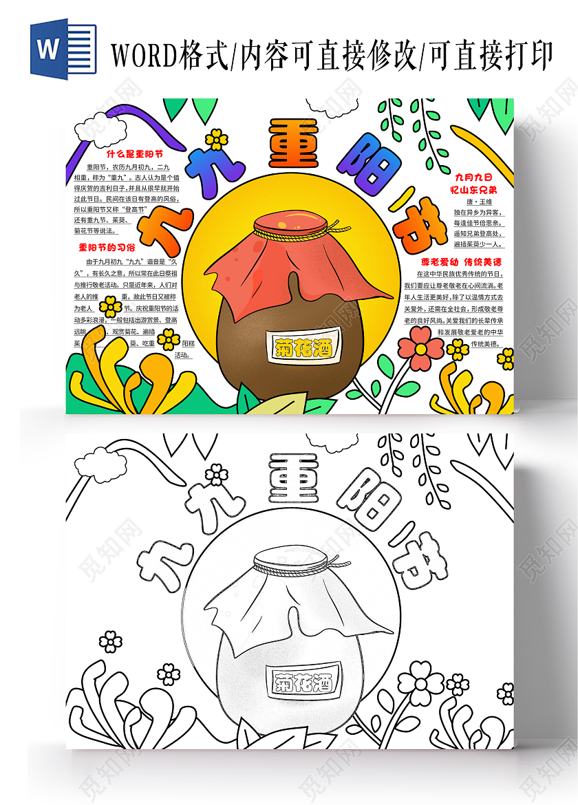 彩色手绘风九九重阳节浓浓敬老情手抄报