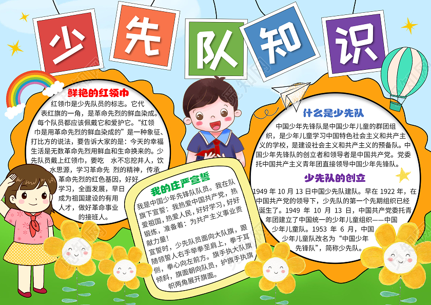 绿色手绘少先队知识卡通小报手抄报少先队建队日