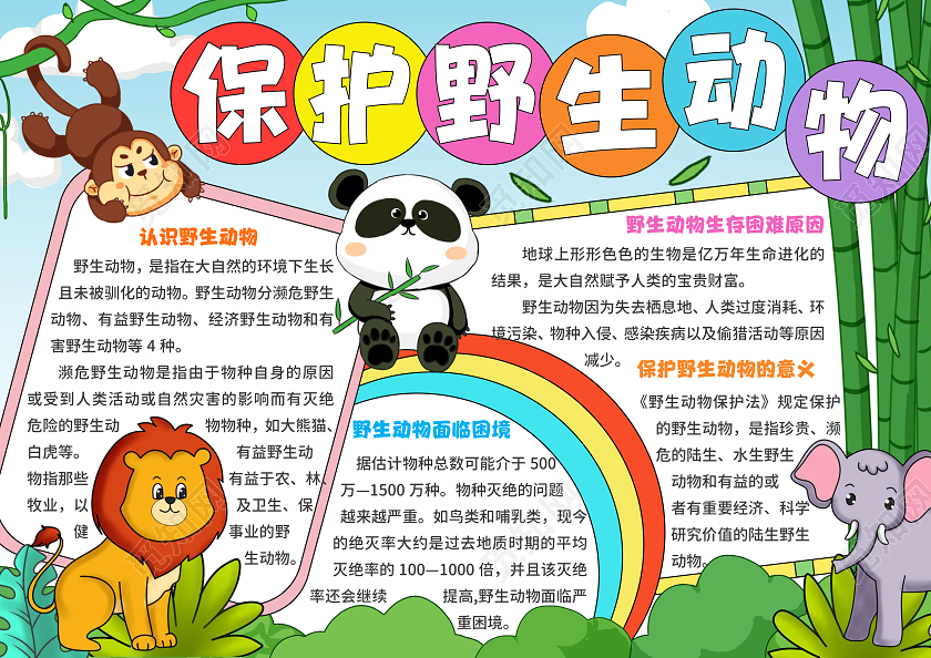 绿色手绘风卡通保护野生动物关爱动物手抄报世界动物日