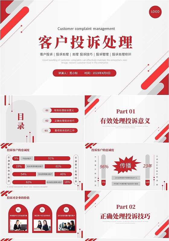 红色简约商务风客户投诉处理投诉管理PPT模板
