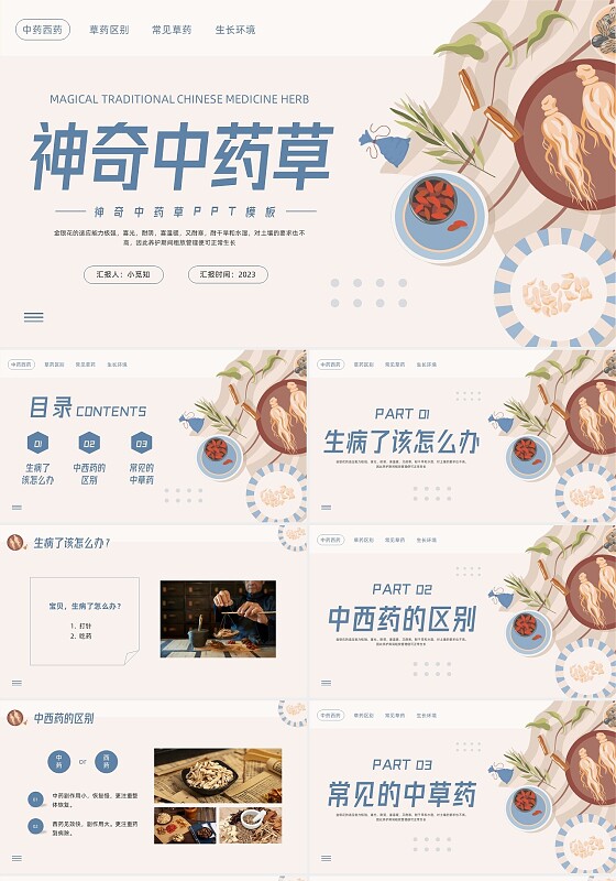 蓝色简约神奇中药草PPT模板宣传PPT动态PPT中医药
