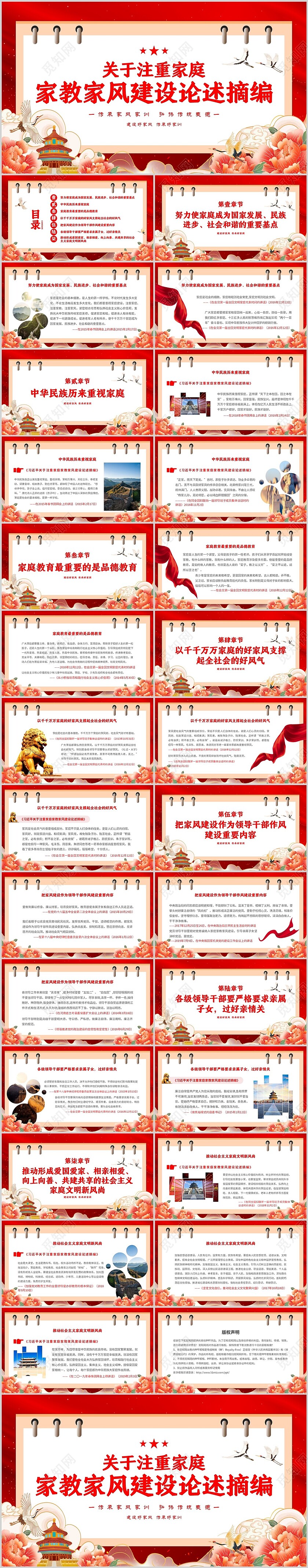 红色国潮手绘家风建设关于注重家庭家教家风建设论述摘编PPT