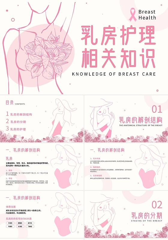 粉色插画简约商务2023乳房护理乳腺护理培训PPT模板