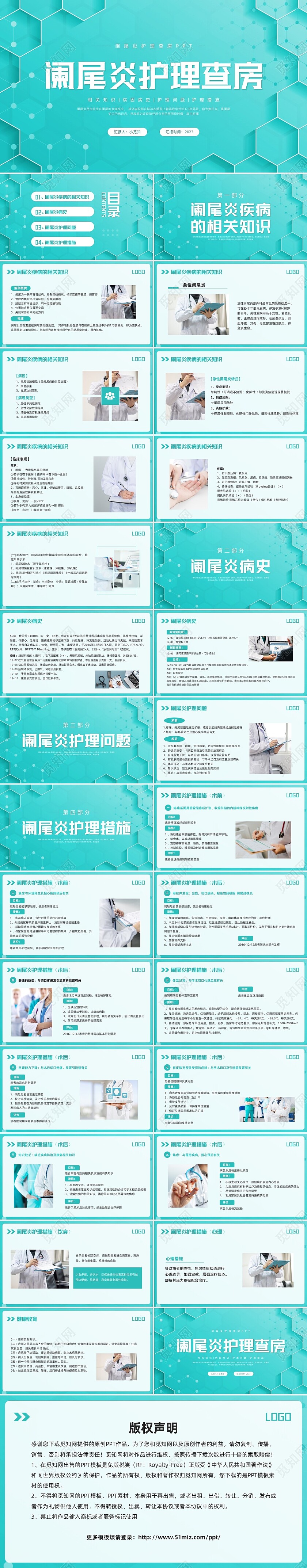 绿色简约阑尾炎护理查房PPT模板宣传PPT动态PPT