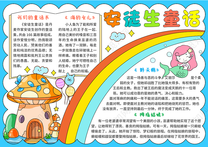 蓝色手绘卡通安徒生童话走进童话世界手抄报好书推荐读书