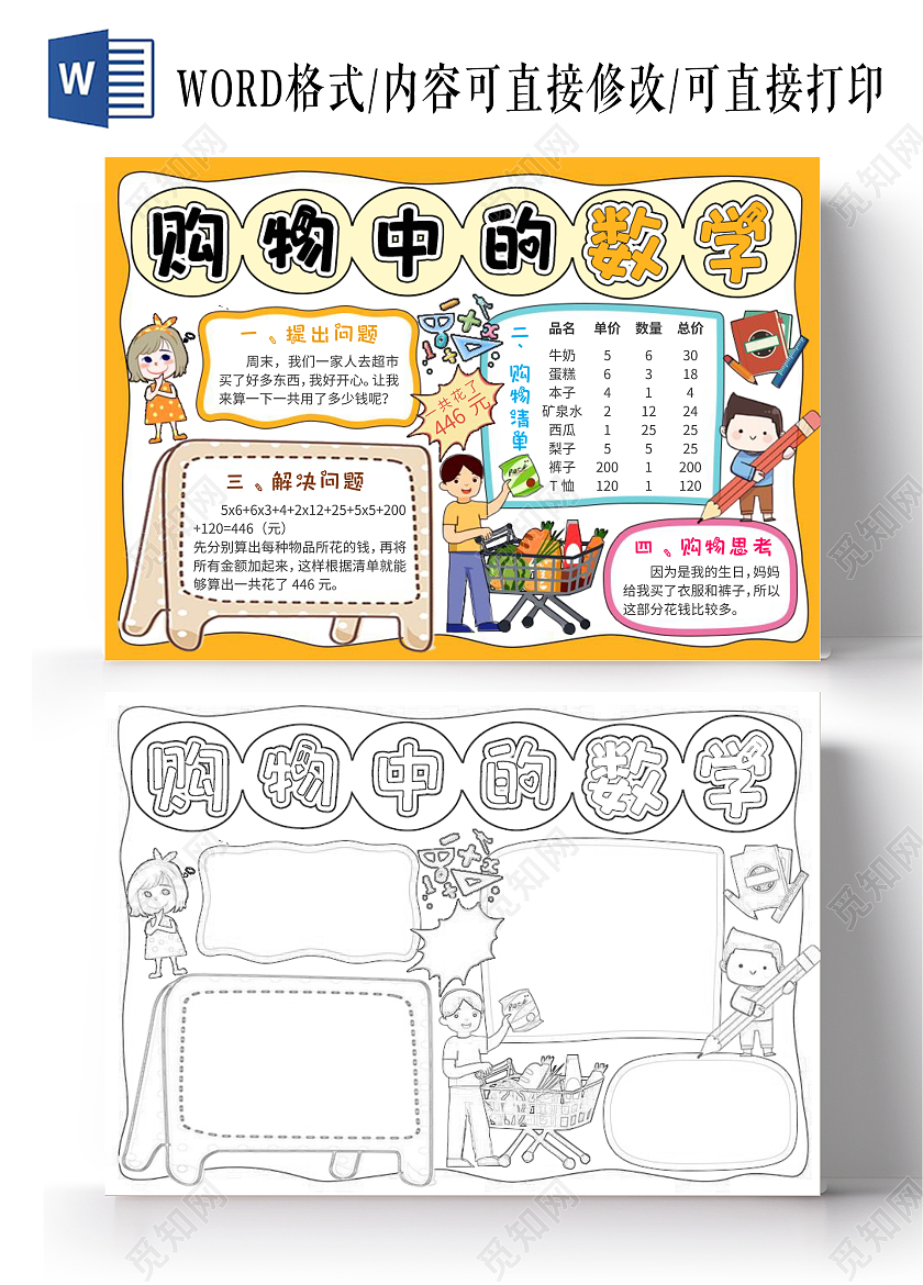 橙色边框手绘购物中的数学小报手抄报卡通小报手抄报
