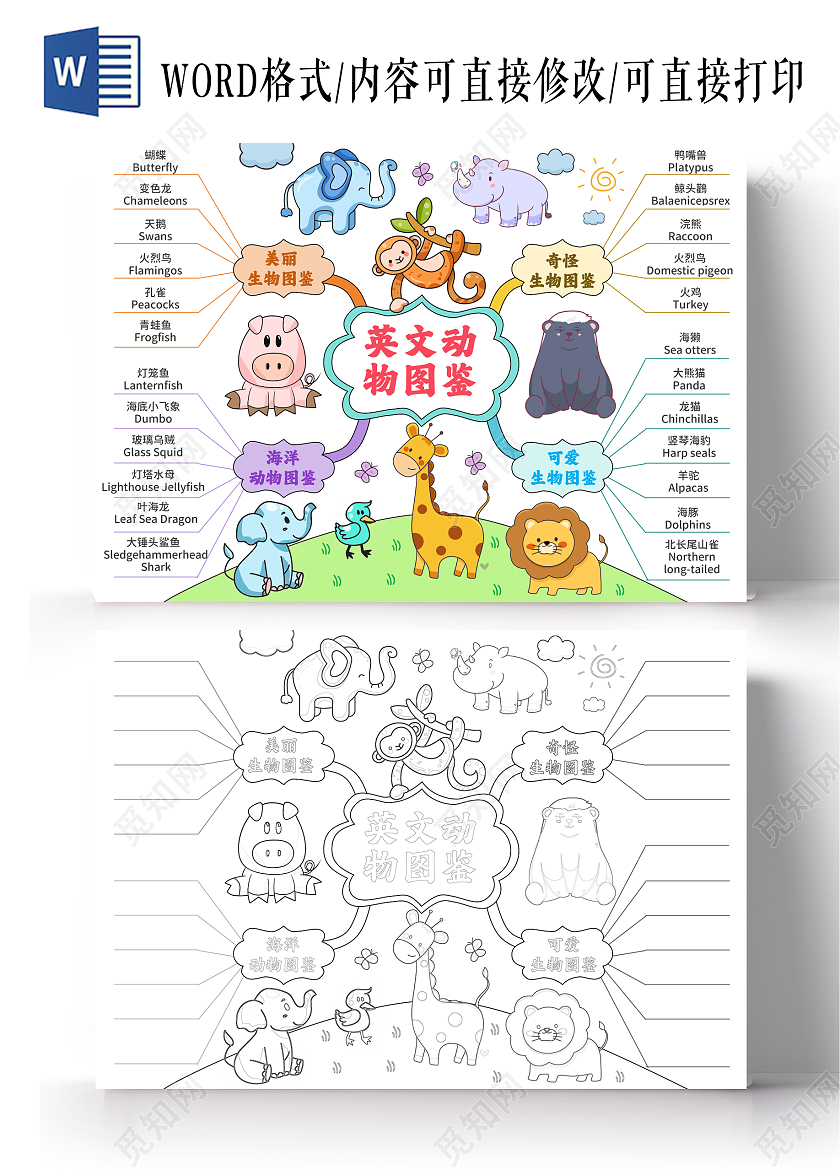 绿色手绘卡通英文动物图鉴英语小动物手抄报世界动物日