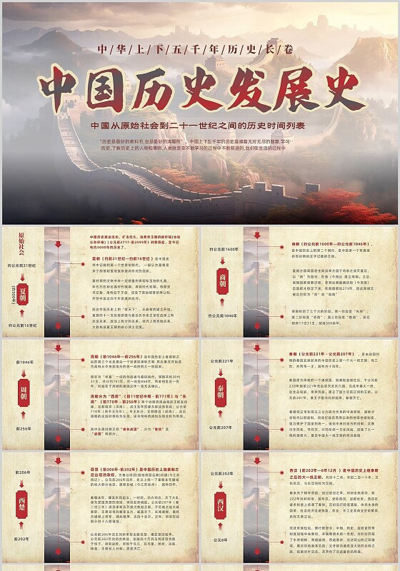 褐色大气实拍长城中国历史发展史PPT