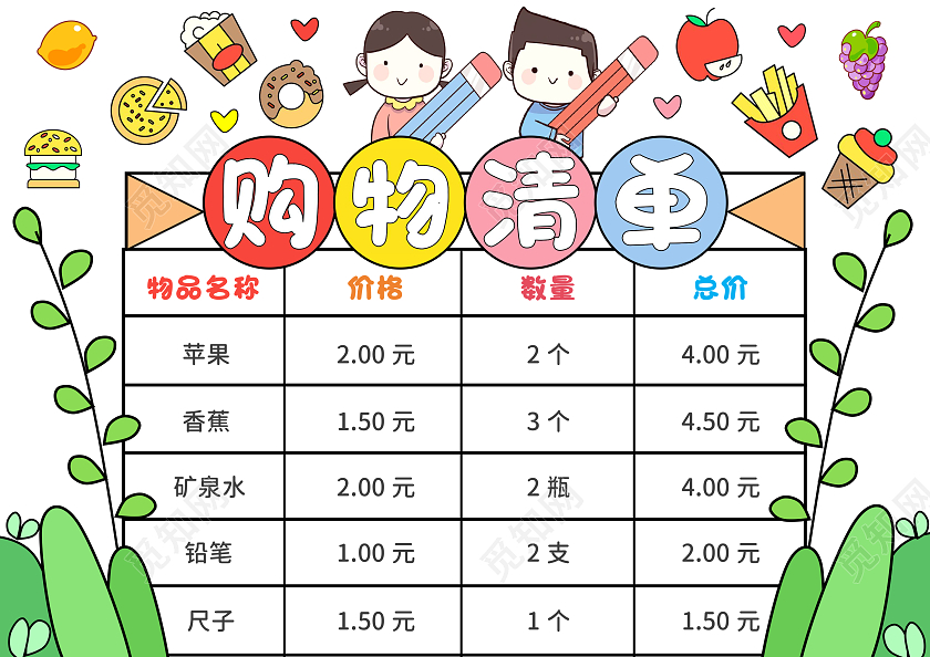 绿色手绘风购物清单超市购物清单手抄报数学