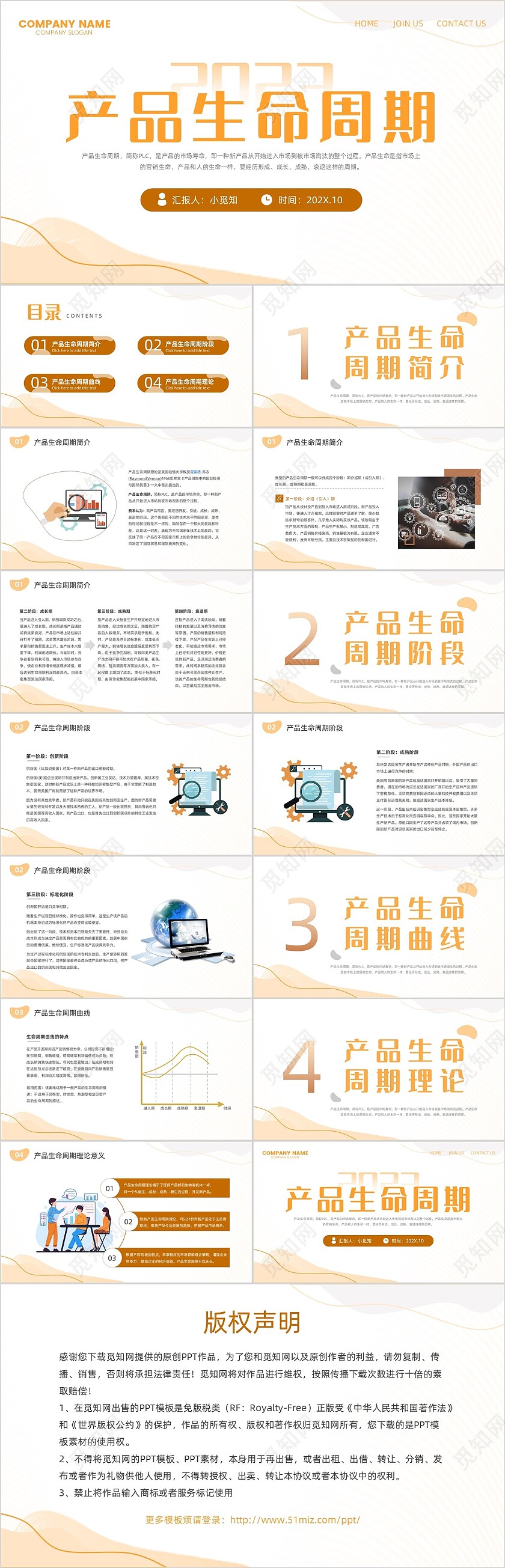 橙色简约几何线条产品生命周期商务动态PPT