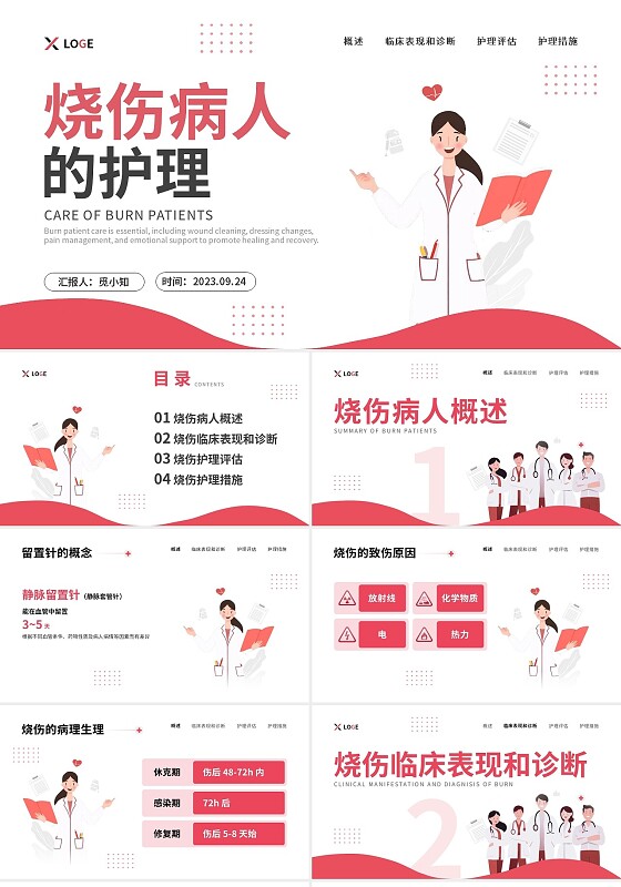 红色简约插画商务2023烧伤病人护理医务工作者培训PPT模板