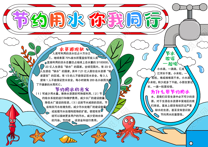 卡通手绘风格节约用水你我同行小报手抄报世界勤俭日