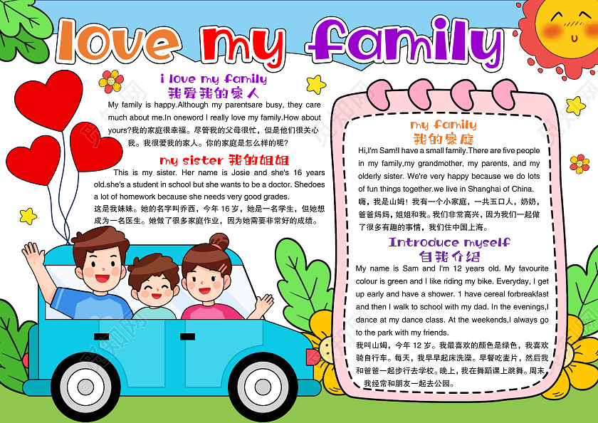 卡通手绘风格lovemyfamily英文小报手抄报英语介绍