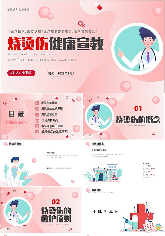 淡红色简约风烧伤健康宣教ppt模板