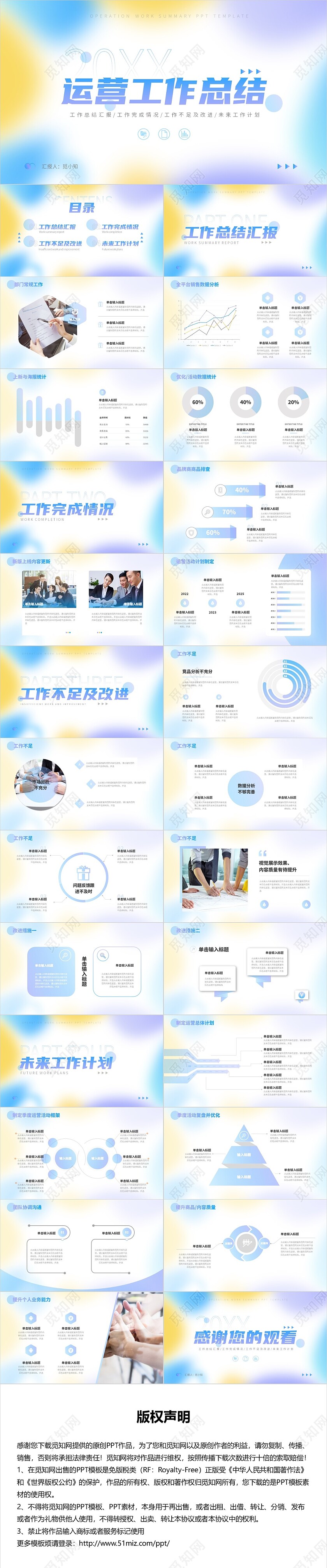 三色蓝紫黄弥散风运营工作总结PPT模板