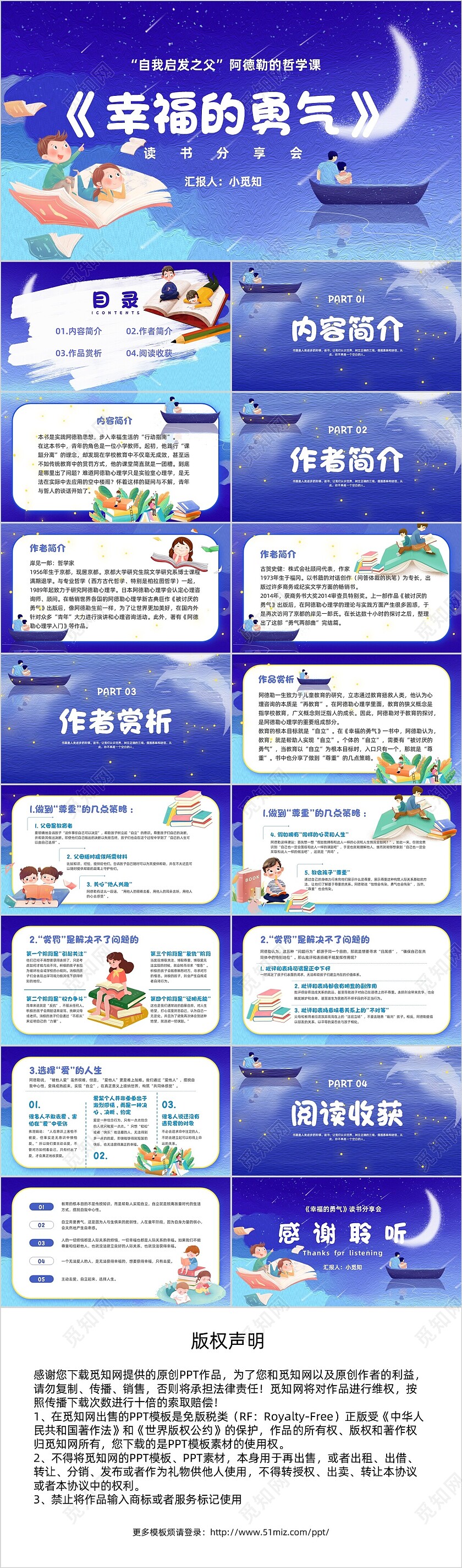 蓝色插画风格幸福的勇气读书分享会ppt模板