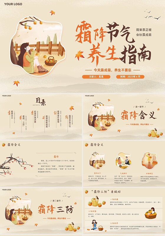 淡雅简约黄色中国风传统节气霜降浅色系典雅PPT