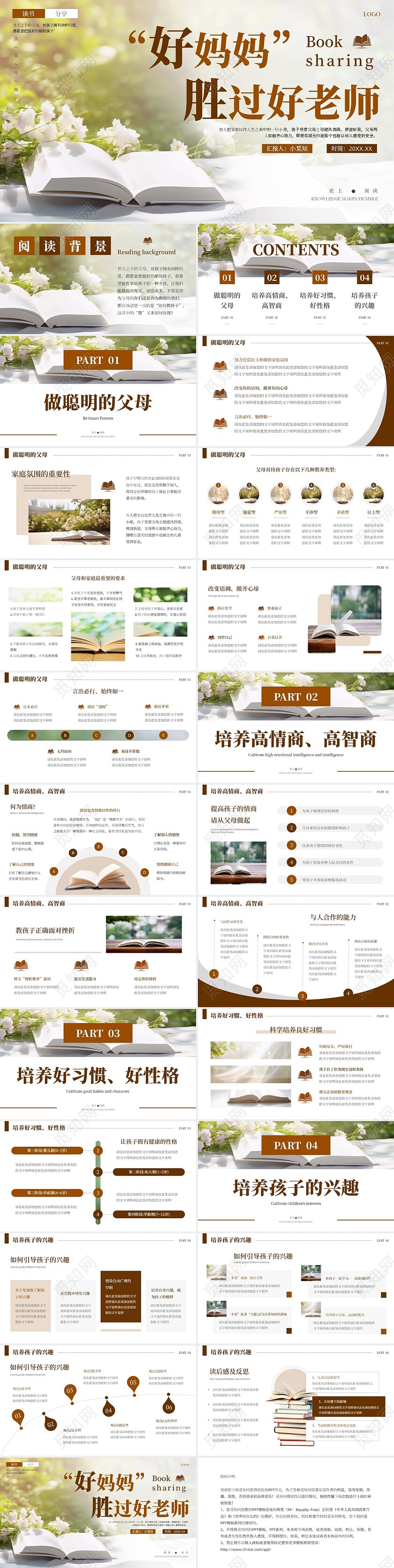 棕色简约清新实拍风好妈妈胜过好老师读书分享PPT模板