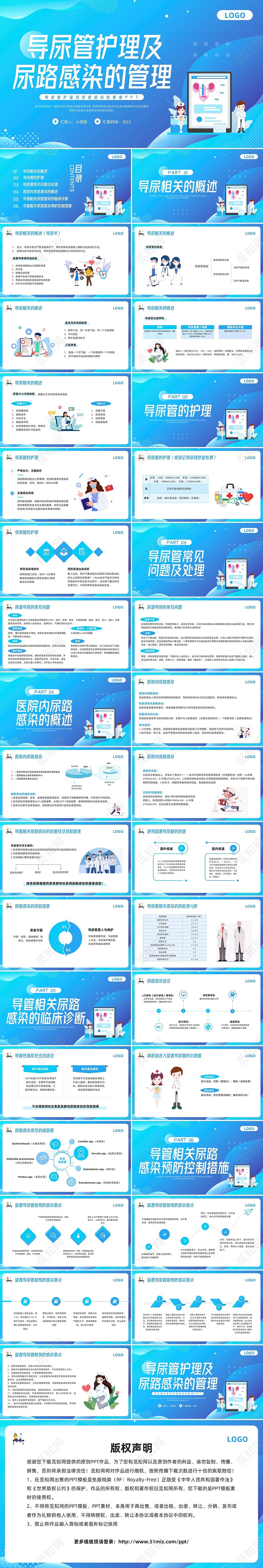 蓝色插画导尿管护理剂尿路感染的管理PPT模板宣传PPT动态P护理医疗