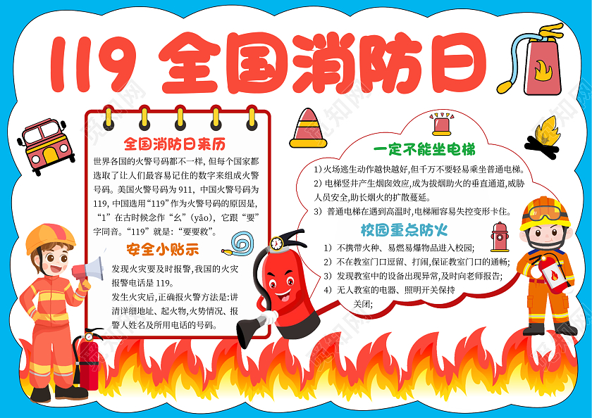 蓝色边框卡通119全国消防日小报手抄报卡通小报手抄报