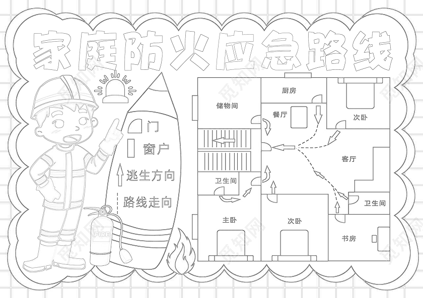 手绘卡通家庭防火应急路线手抄报消防日