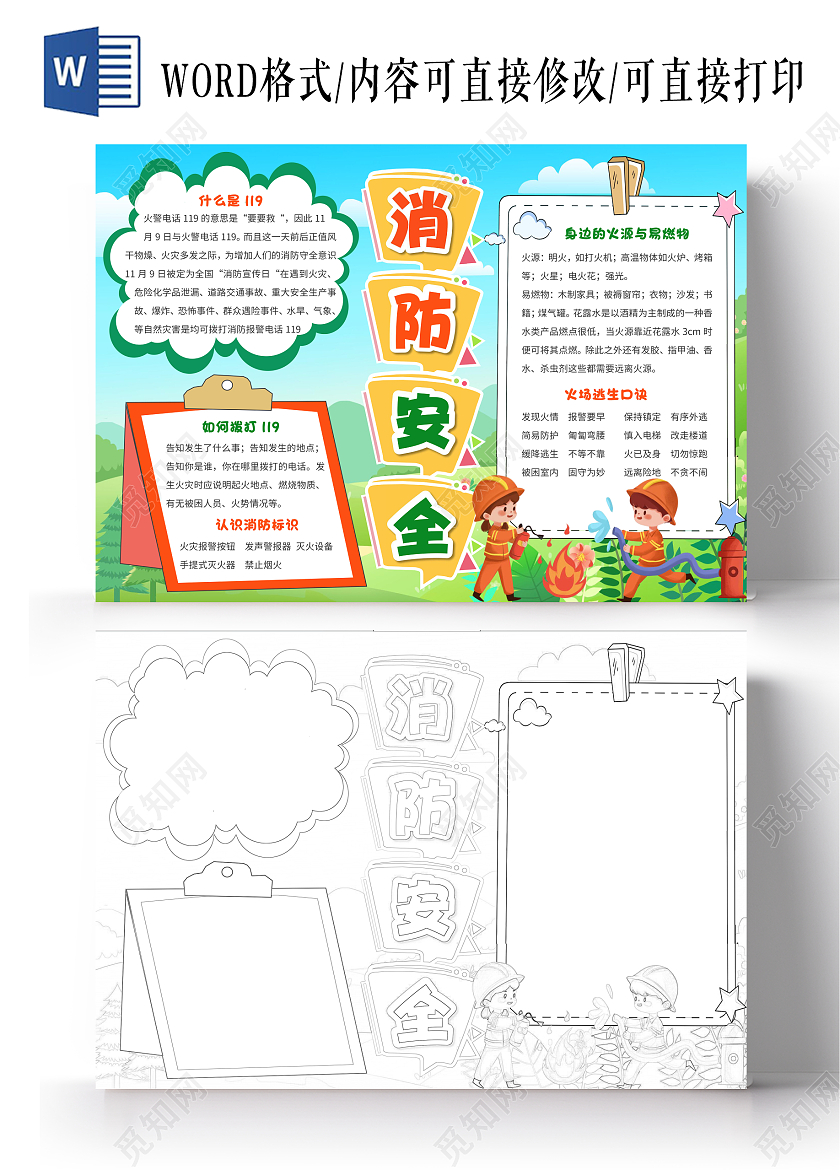 卡通插画消防安全消防安全小科普小报手抄报消防日