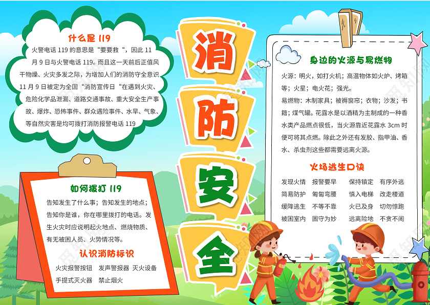 卡通插画消防安全消防安全小科普小报手抄报消防日