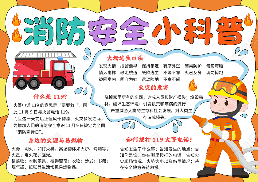 橙黄色手绘卡通消防安全小科普消防安全手抄报消防日