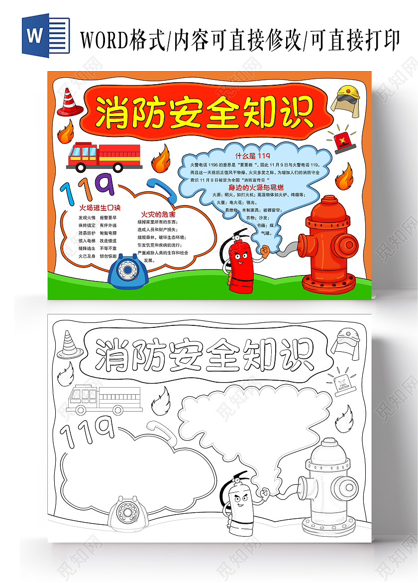 卡通手绘风格消防安全知识小报手抄报消防日