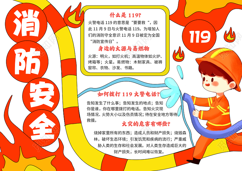 红色手绘卡通消防安全手抄报消防日