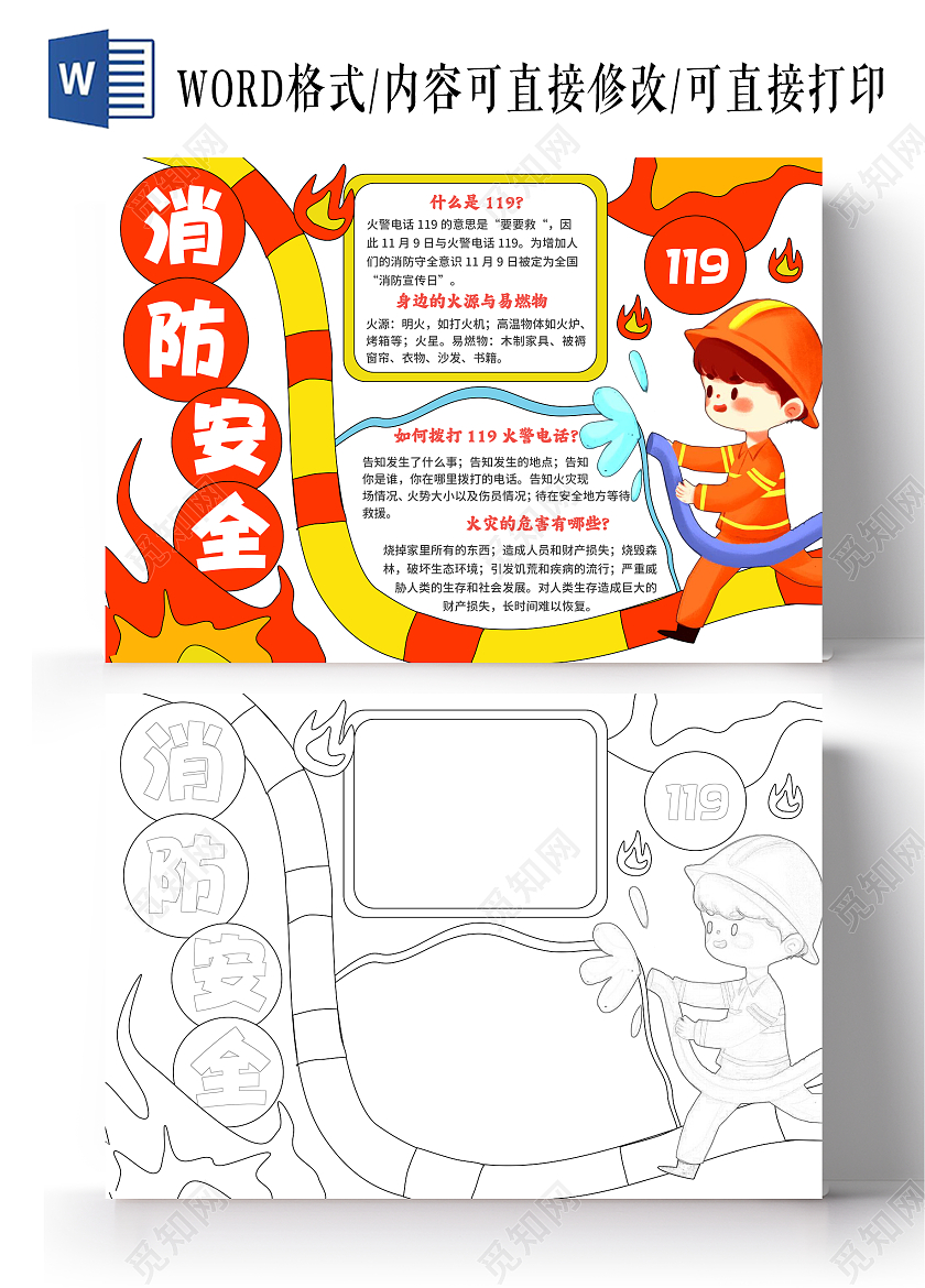 红色手绘卡通消防安全手抄报消防日